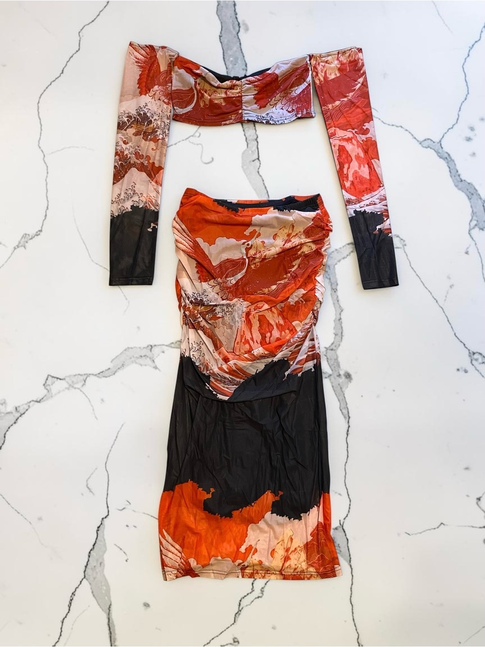Women’s Resort Two-Piece Long Sleeve Crop Top & Skirt Set in Red and Black
